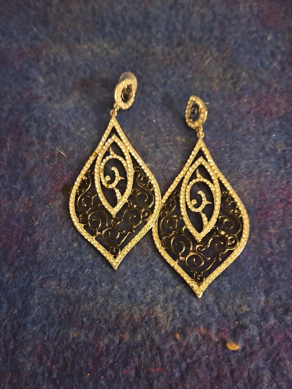 Gold and Black Filigree Teardrop Earrings , Faux Stones With Post Backs